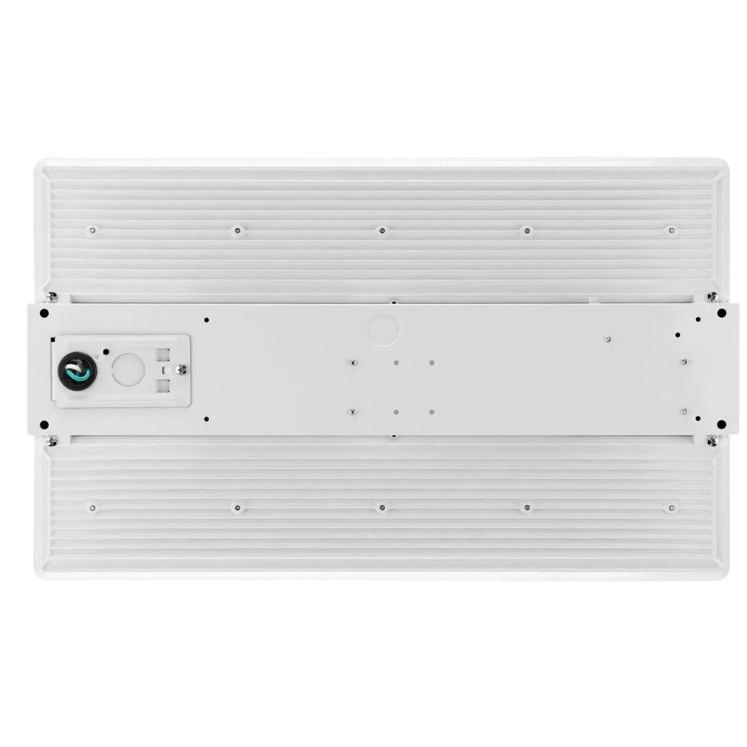 Top-down view of white rectangular LED high bay light fixture with control panel and mounting hardware visible.