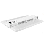 White linear LED high bay light fixture with ventilation slots and mounting base shown at an angle.