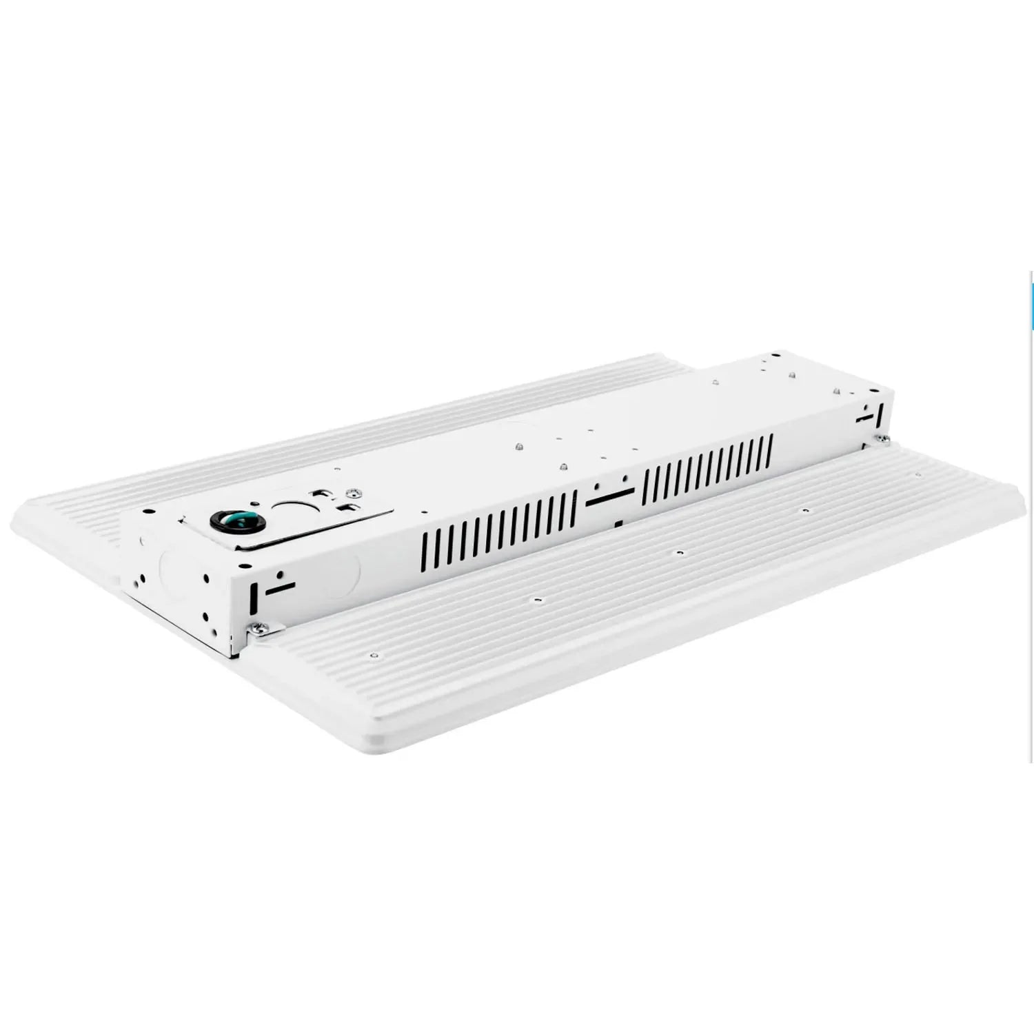 White linear LED high bay light fixture with ventilation slots and mounting base shown at an angle.