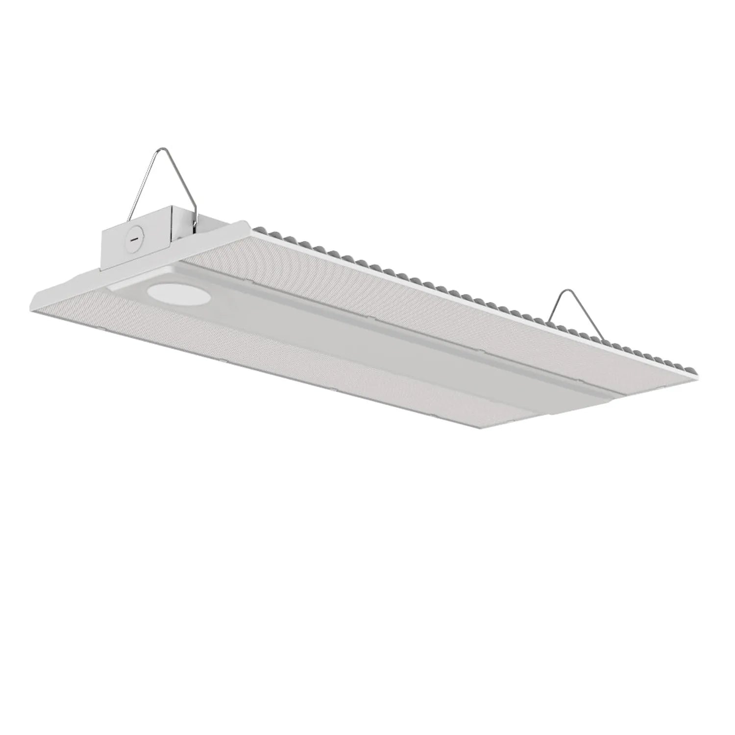 White rectangular LED high bay light fixture with dual hanging brackets and ribbed heat sink detail, shown at an angle agains