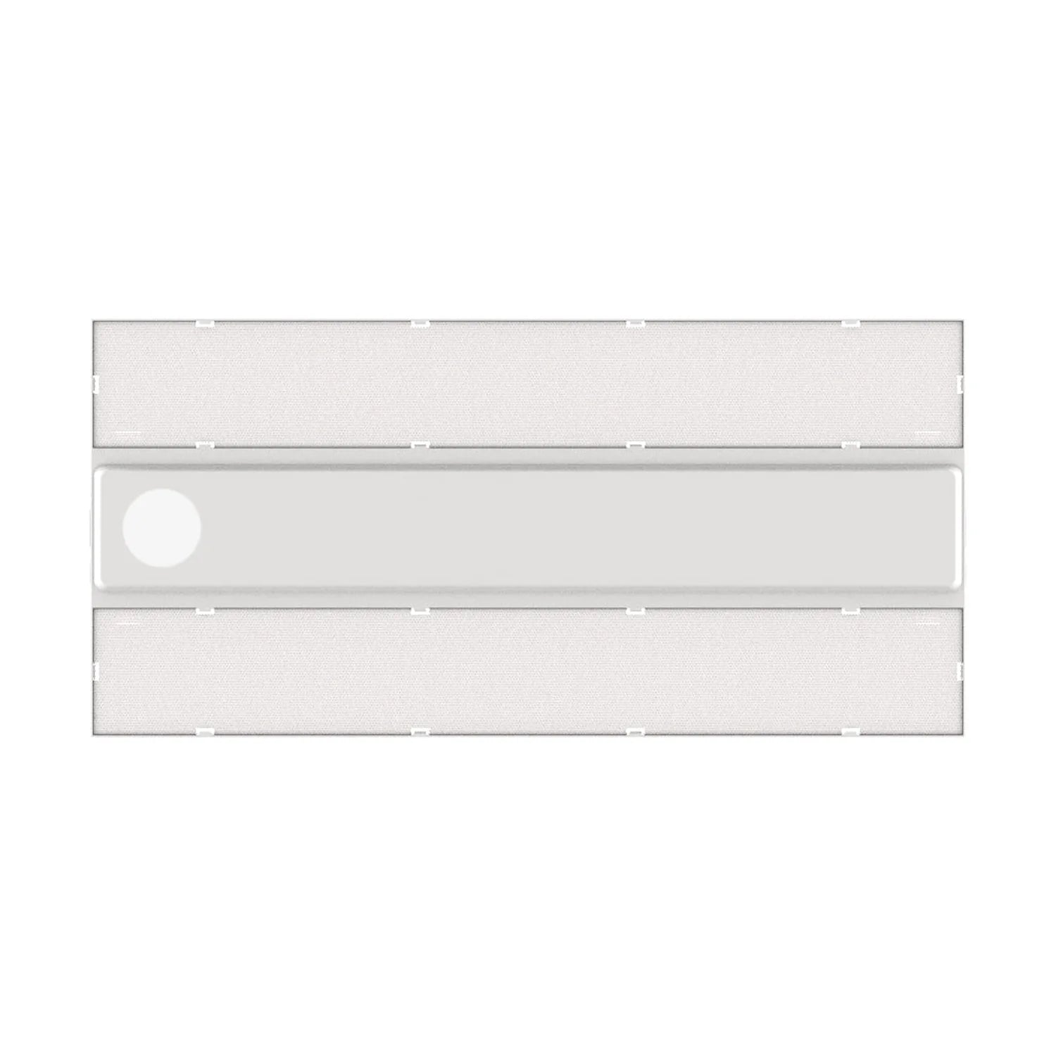 Three-tier diagram showing ZEUS Linear LED High Bay fixture layout with mounting points and a white circular element on the c