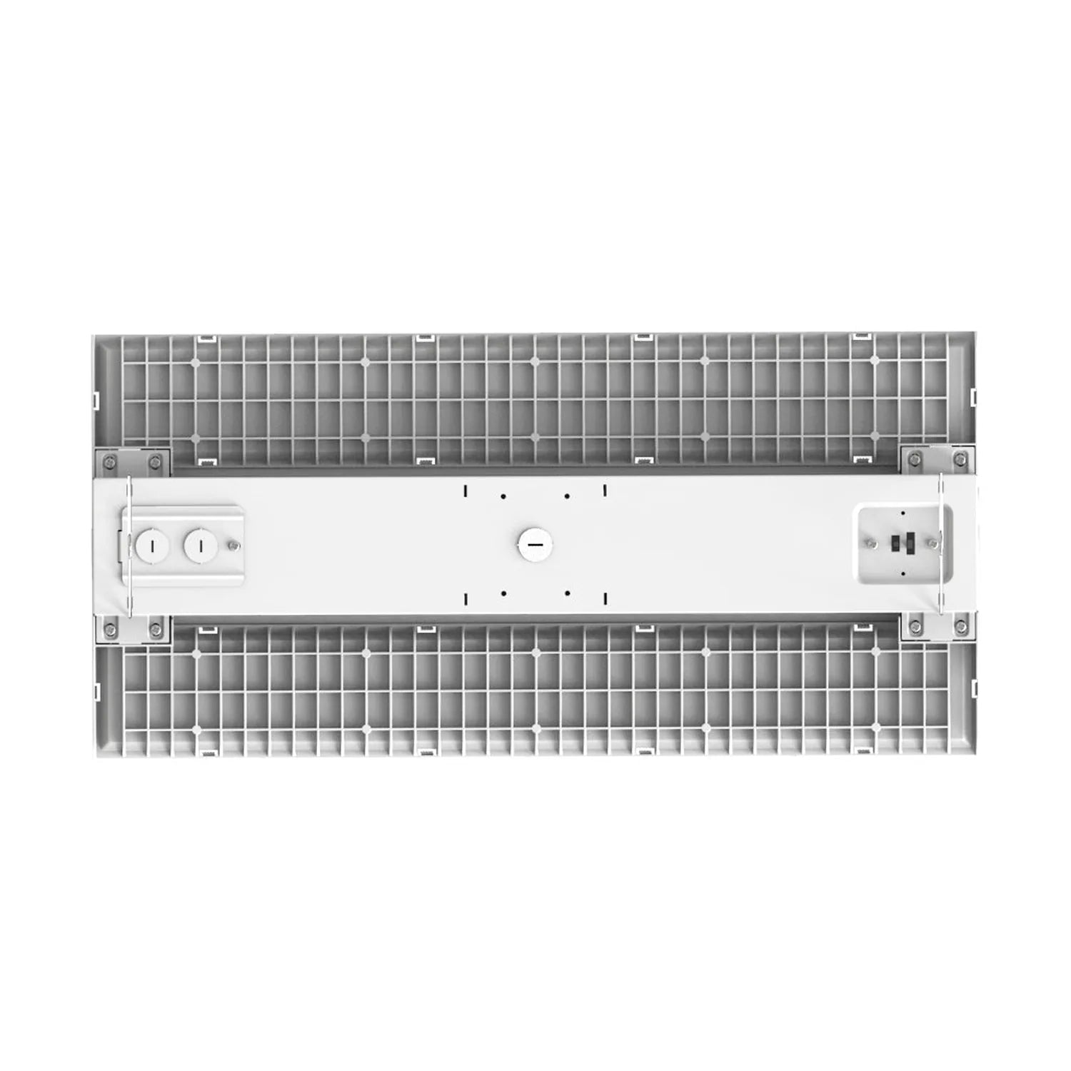 Top-down overhead view of a linear LED high bay fixture showing the aluminum housing, diffuser grille, and mounted electrical