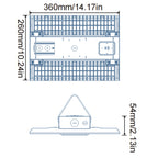 Dimension diagram of LED high bay light showing 360mm width by 260mm height, with side profile height of 54mm, mounted with h