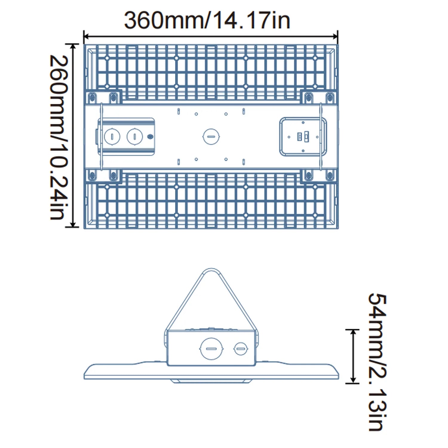 Dimension diagram of LED high bay light showing 360mm width by 260mm height, with side profile height of 54mm, mounted with h