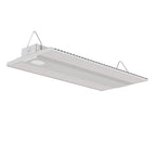 ZEUS Linear LED High Bay fixture with dual hanging brackets and finned heat dissipation design, shown in 3D rendering.