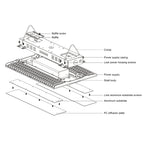 Exploded assembly diagram of ZEUS Linear LED High Bay showing component layers from top baffle screw and baffle through power