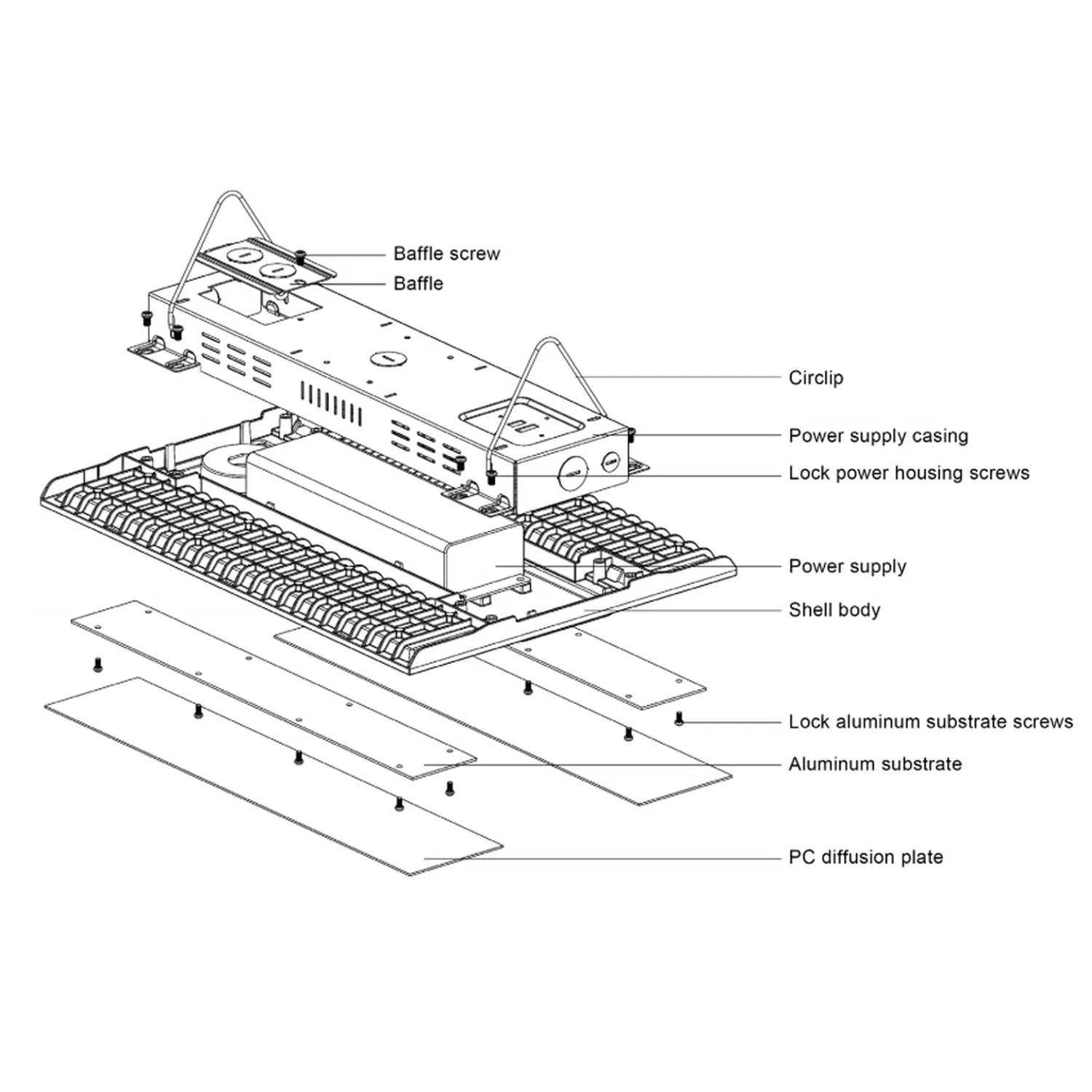 Exploded assembly diagram of ZEUS Linear LED High Bay showing component layers from top baffle screw and baffle through power