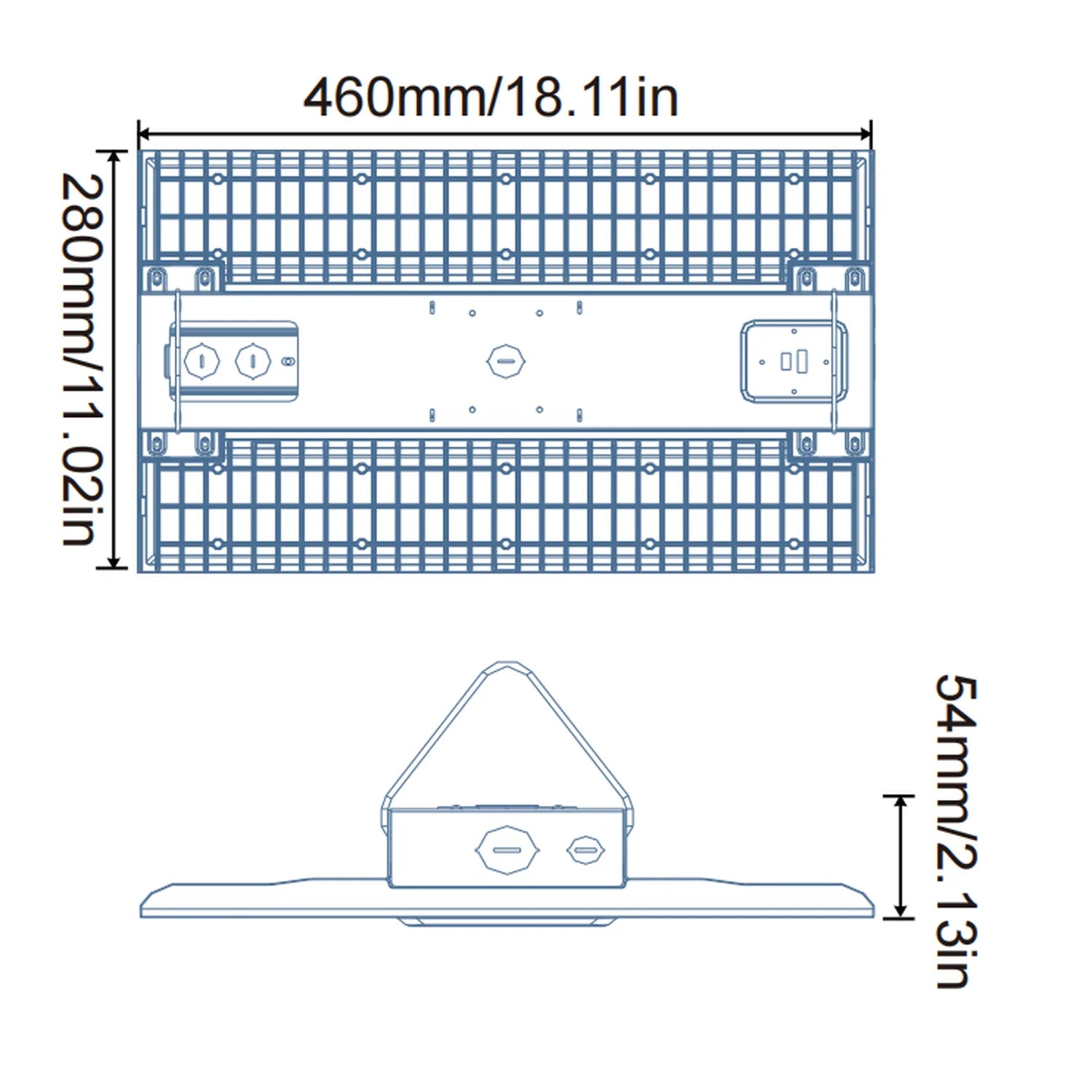 Technical dimension diagram showing top and side views of ZEUS Linear LED High Bay fixture with measurements of 460mm width a