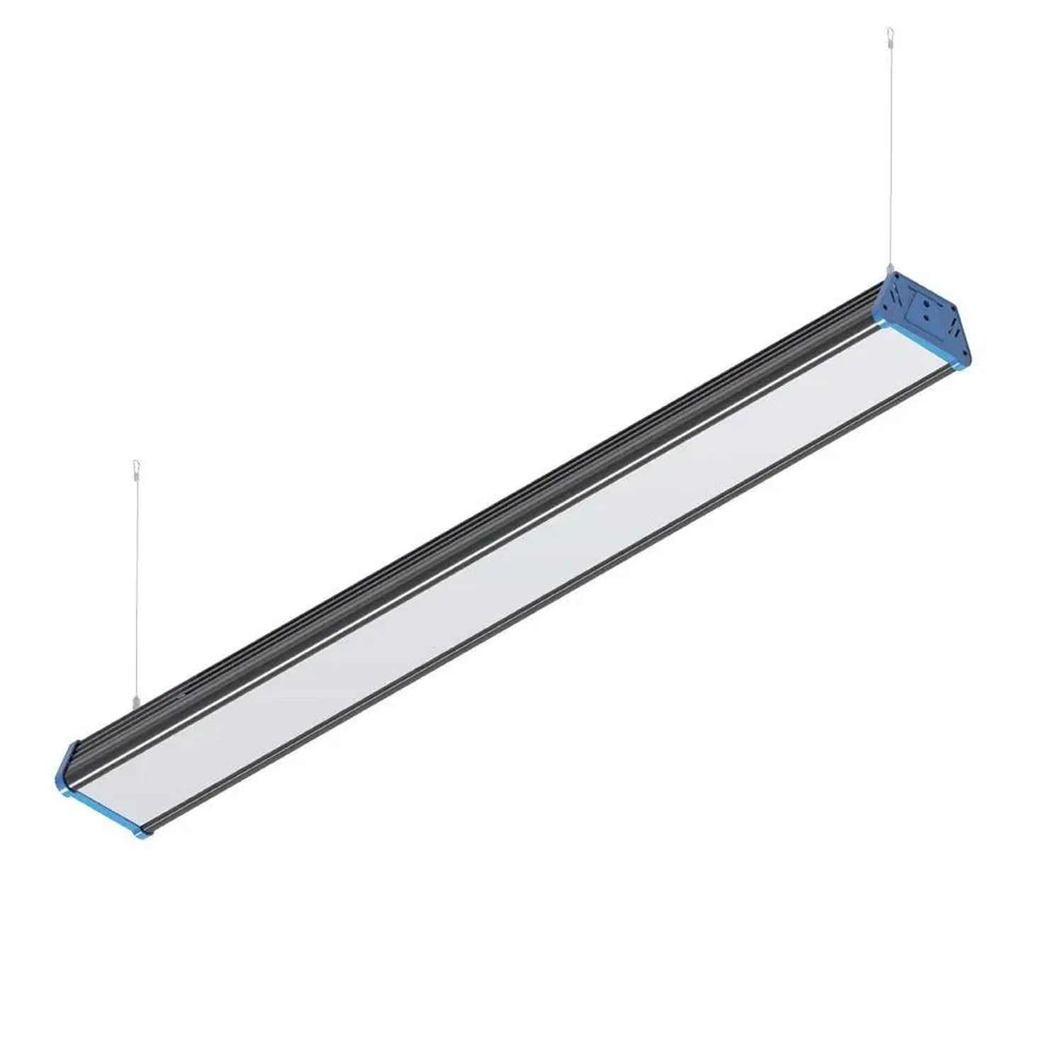 Isometric product rendering of a linear LED high bay light with blue end caps and white diffuser, suspended by cables.