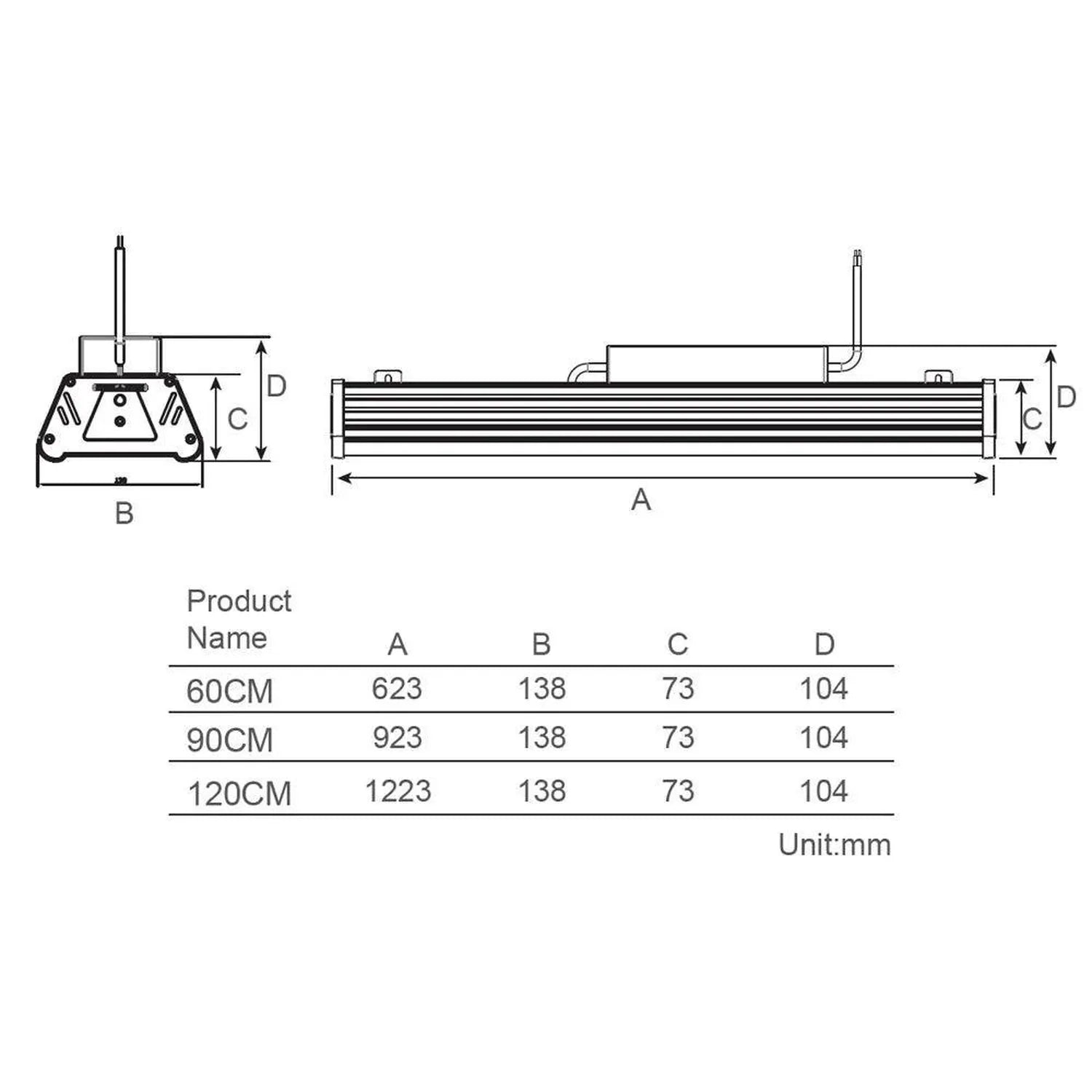 Technical dimension diagram showing top and side views of LED high bay light with specifications table for 60cm, 90cm, and 12