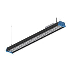 Linear LED high bay light fixture with black housing, blue end caps, and honeycomb reflector grid, shown in isometric view ag