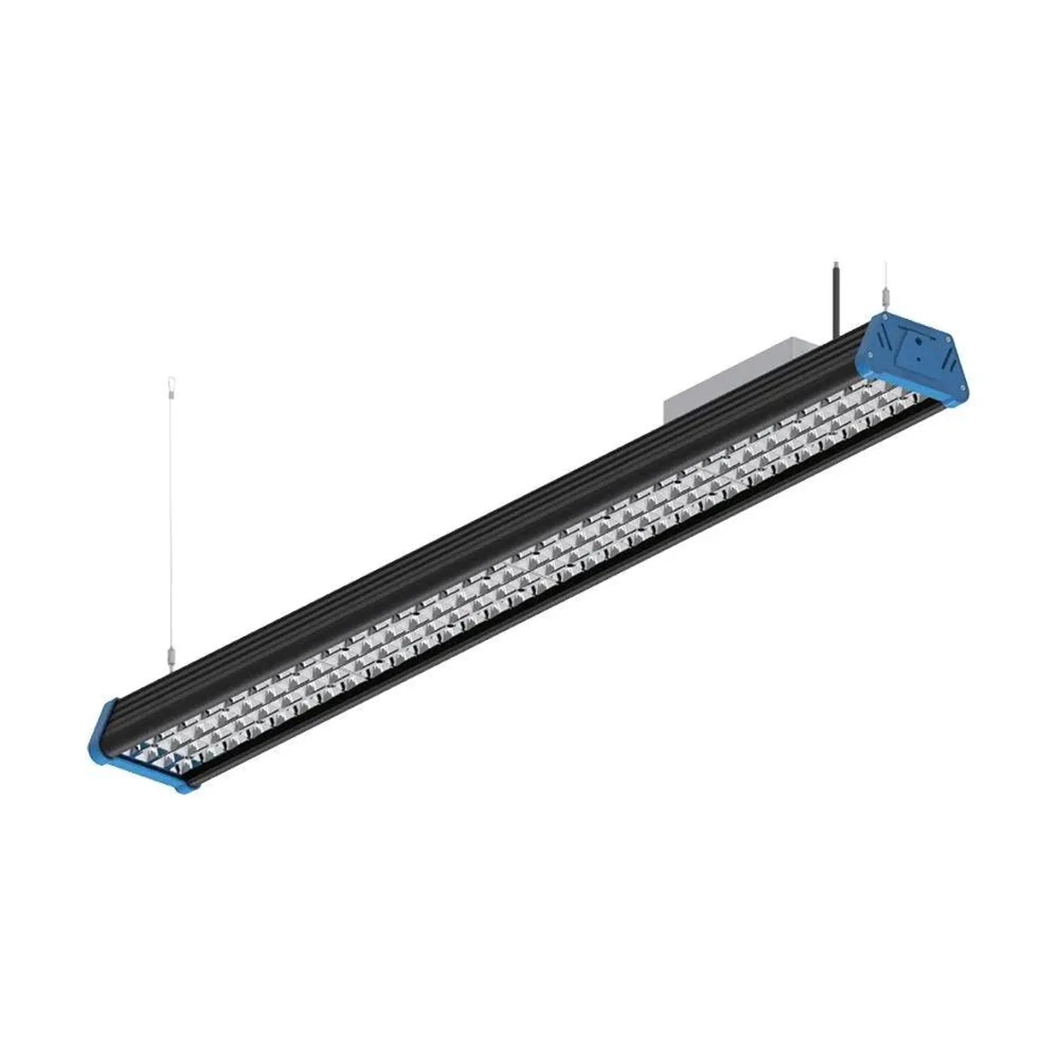 Linear LED high bay light fixture with black housing, blue end caps, and honeycomb reflector grid, shown in isometric view ag