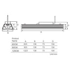 Technical dimension diagram showing top and side views of LED high bay light with specifications table for 60cm, 90cm, and 12