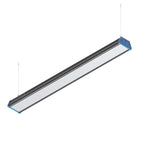 Isometric product view of a linear LED high bay light with blue end caps, dark housing, and white diffuser panel, suspended b