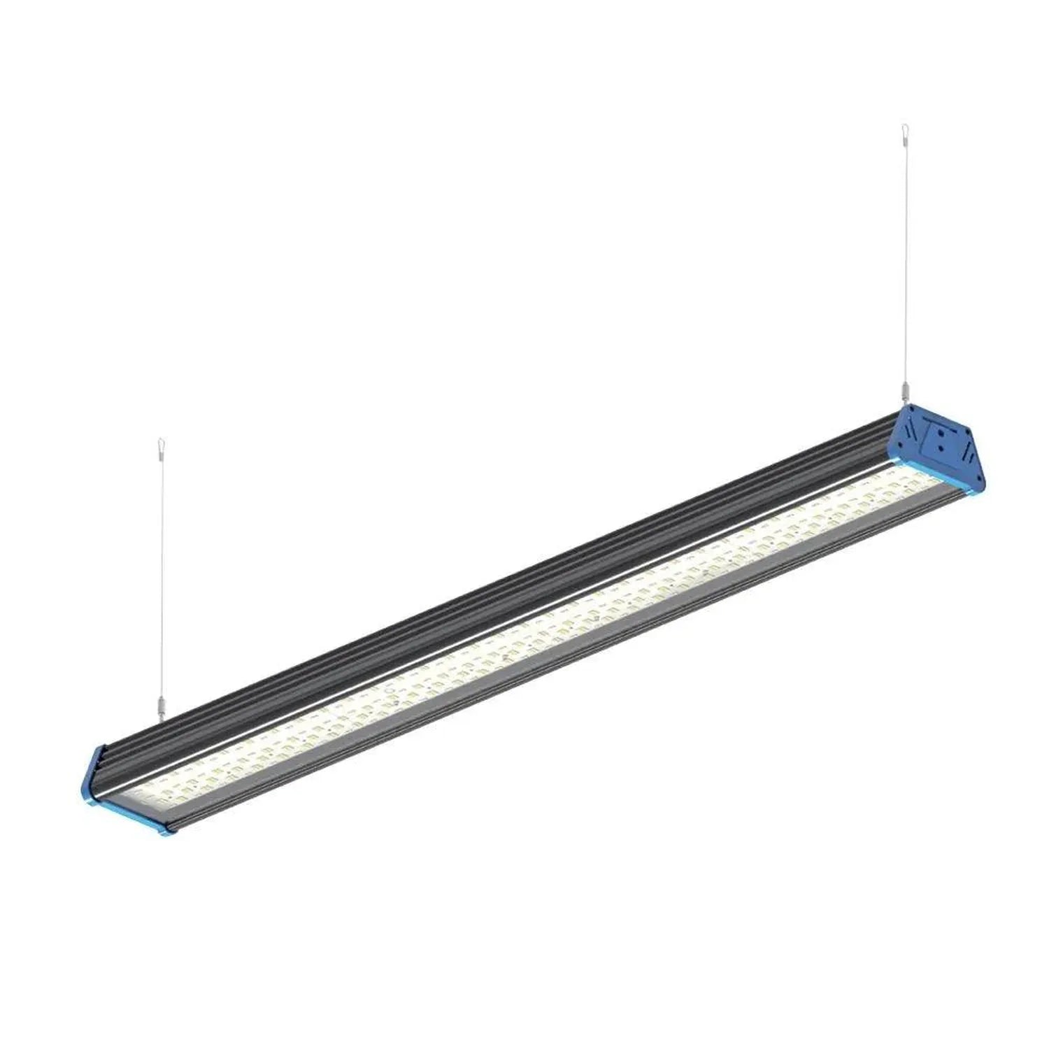 Linear LED high bay light with blue end caps and honeycomb reflector design, suspended by cables against white background.