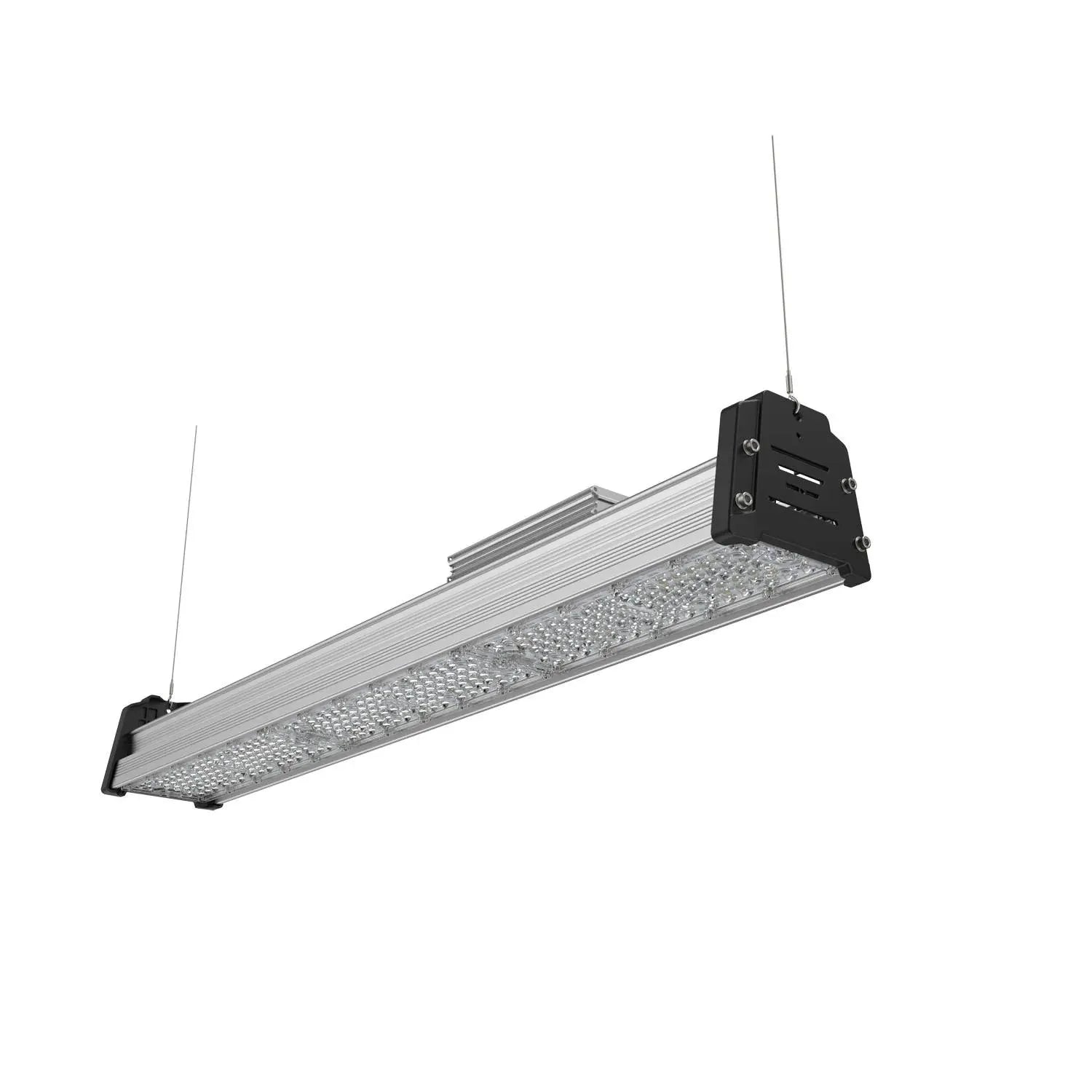 Linear LED high bay light with aluminum housing, black end caps, and mounting hardware against white background.