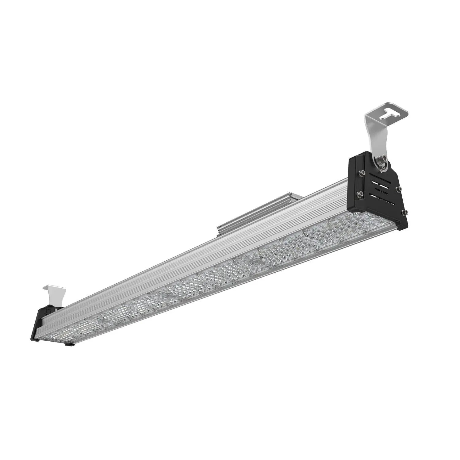 Linear LED high bay light fixture with aluminum body, diffuser lens, and black mounting brackets shown at an angle on white b