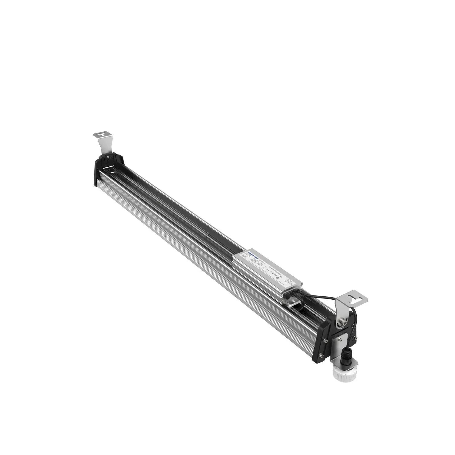 LED linear high bay light with aluminum housing, black end caps, and mounting bracket, isolated on white background.