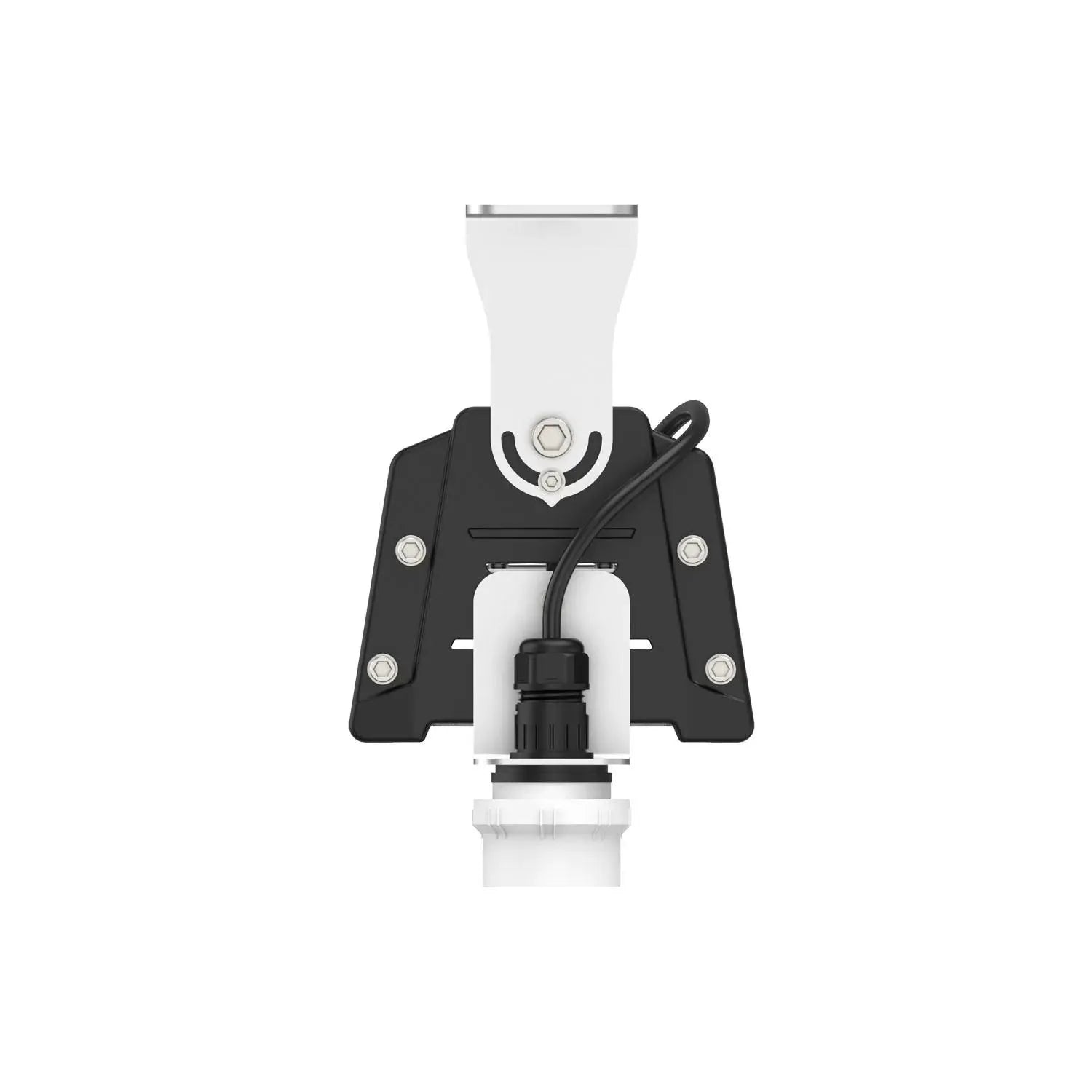 Top-down view of LED linear high bay light fixture showing white lamp head mounted on black angular bracket with four silver 
