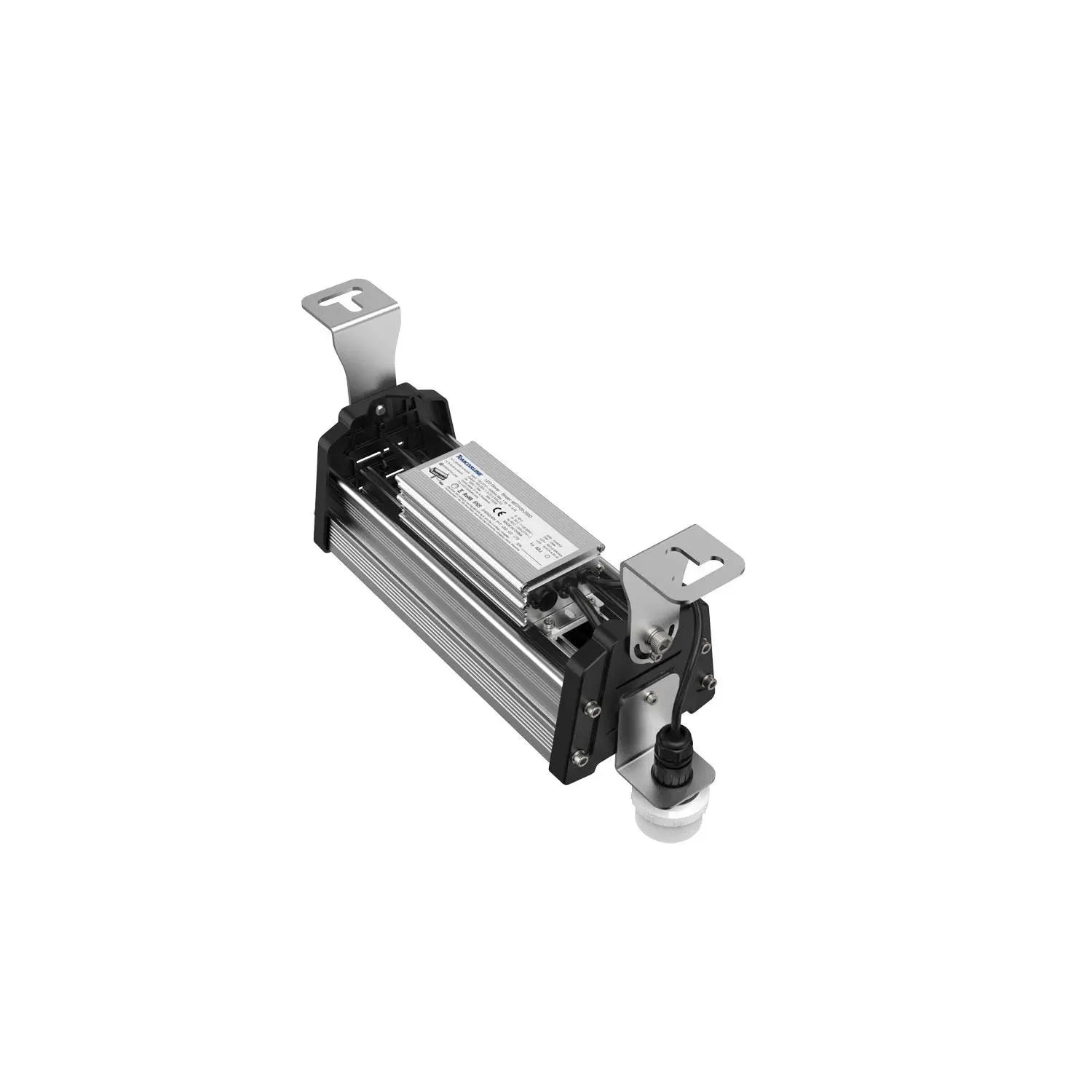 LED linear high bay light fixture with aluminum heat sink, black mounting brackets, and cable connector, angled product view.