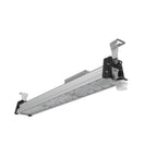 Linear LED high bay light with aluminum housing, diffuser panel, and mounting brackets on white background.