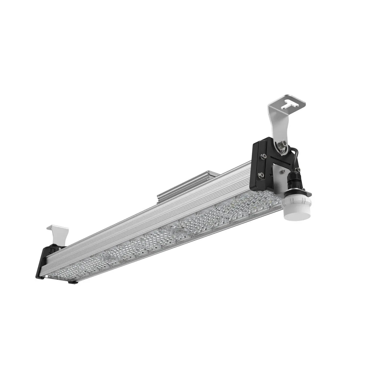 Linear LED high bay light with aluminum housing, diffuser panel, and mounting brackets on white background.