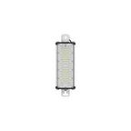 Rectangular LED high bay light fixture with motion sensor on top, multiple yellow LED diodes visible behind clear panel, blac
