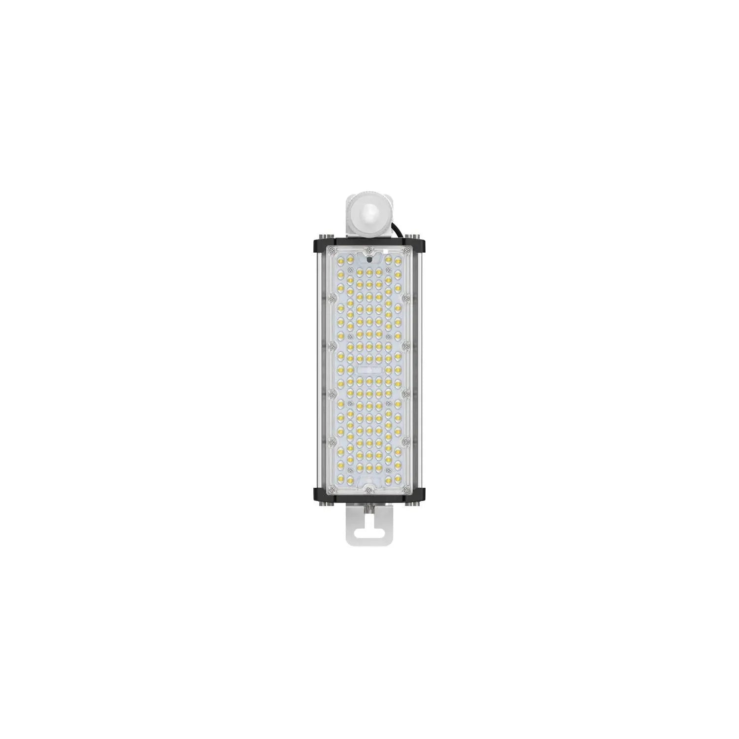 Rectangular LED high bay light fixture with motion sensor on top, multiple yellow LED diodes visible behind clear panel, blac