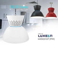 BL80 Series LED Bay Light pendants in white, black, and red displayed in modern kitchen setting, IP65 waterproof by Luxeon.