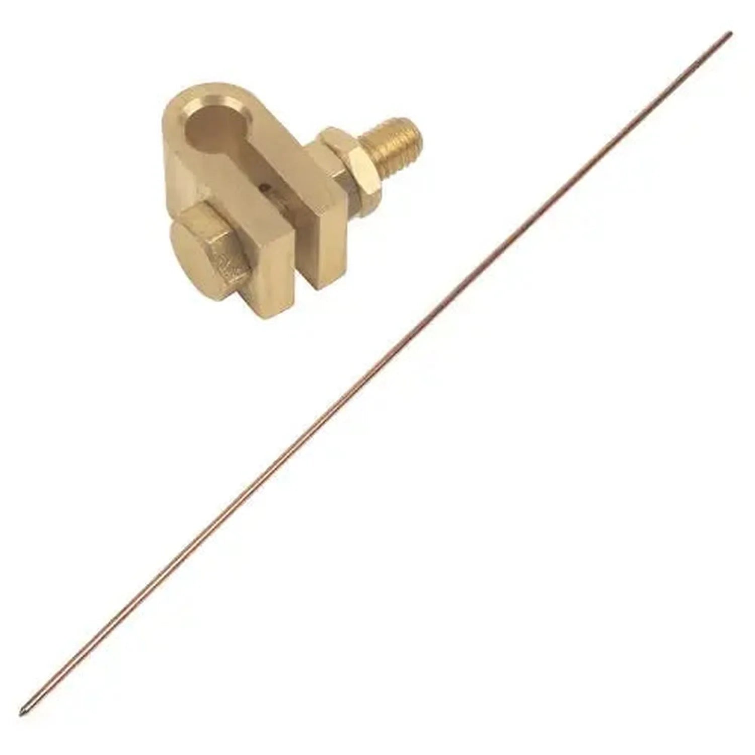 Brass split-bolt clamp connector and copper grounding rod, product components shown separately against white background.
