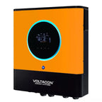 Voltacon Energy Systems orange and black wall-mounted inverter with cyan-rimmed display screen showing operational data.