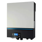 Wall-mounted solar inverter with white upper panel, black lower section with blue accent stripe, digital display screen, and 