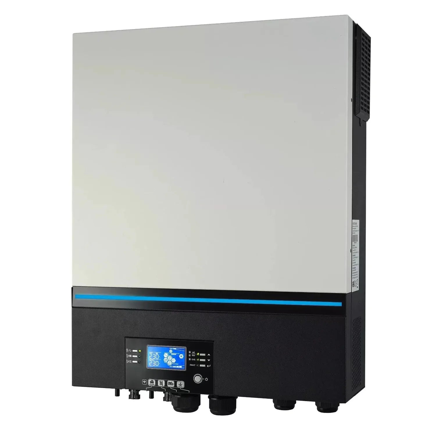 Wall-mounted solar inverter with white upper panel, black lower section with blue accent stripe, digital display screen, and 