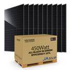 Ten 450-watt black solar panels arranged behind a cardboard shipping box labeled Voltacon Power Conversion and JA Solar, disp