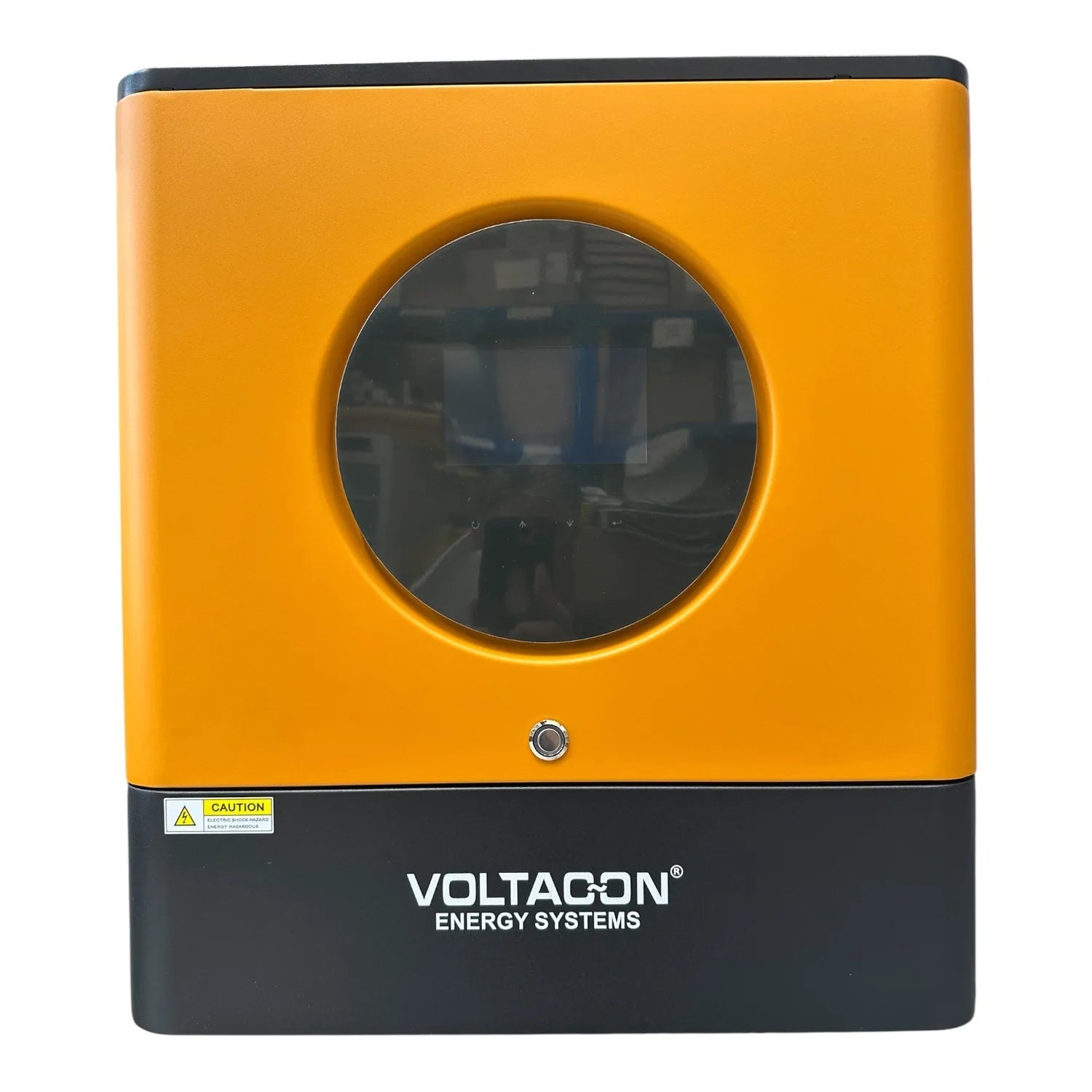 Voltagon Energy Systems yellow and black inverter with circular window display and caution label visible.