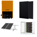 Voltacon 11kW off-grid solar kit components: orange inverter, two black solar panels, ground-mounted panel array, and white b