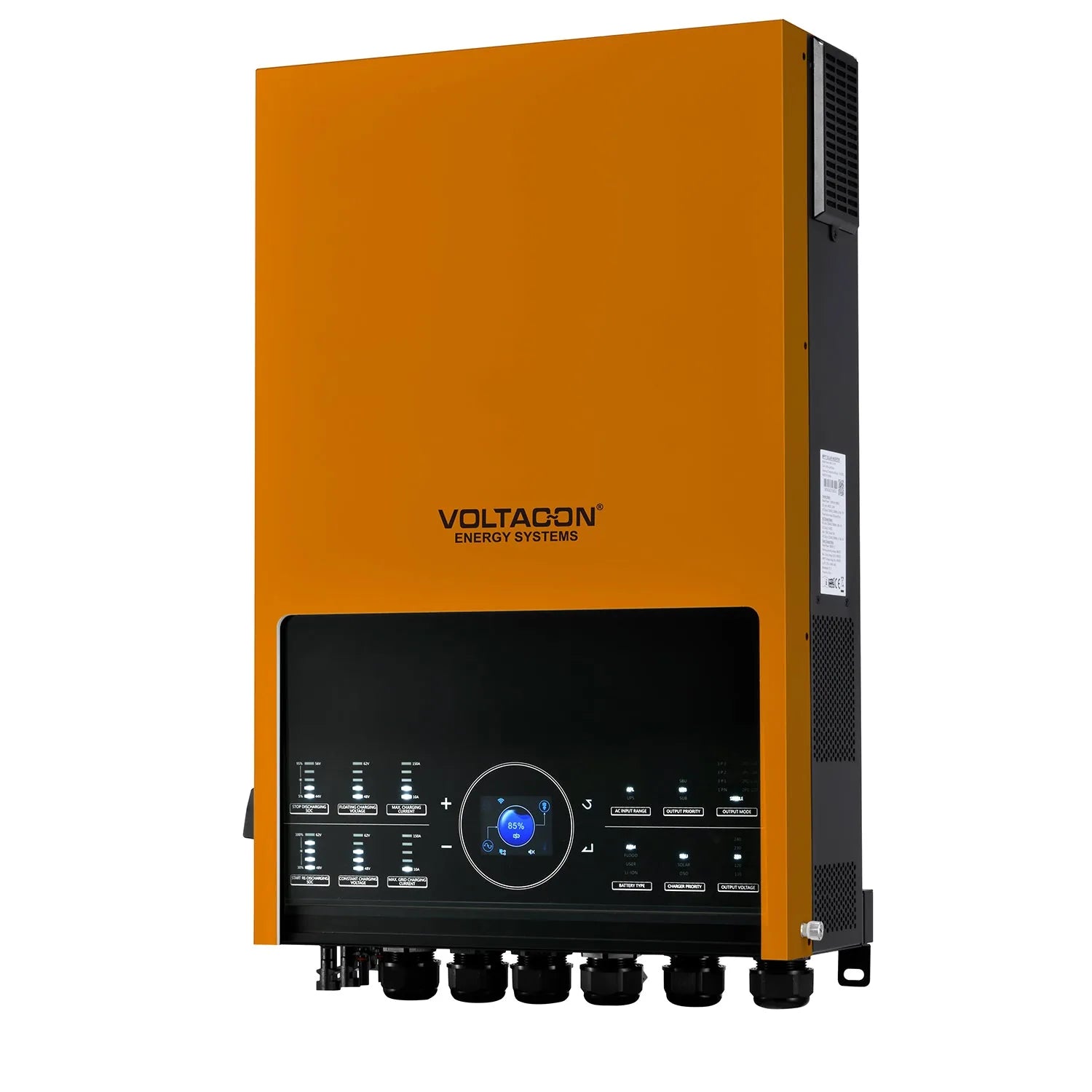 Voltagon Energy Systems off-grid solar inverter with orange casing, black control panel featuring digital display and adjustm