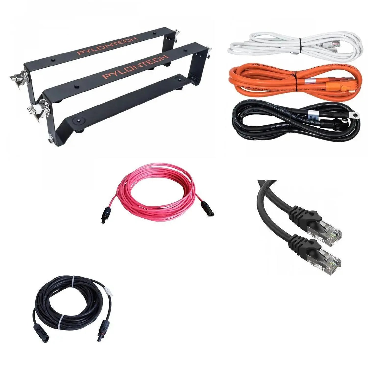 Pylon Tech wall-mount battery rack with assorted electrical cables including white, orange, black, pink, and Ethernet connect