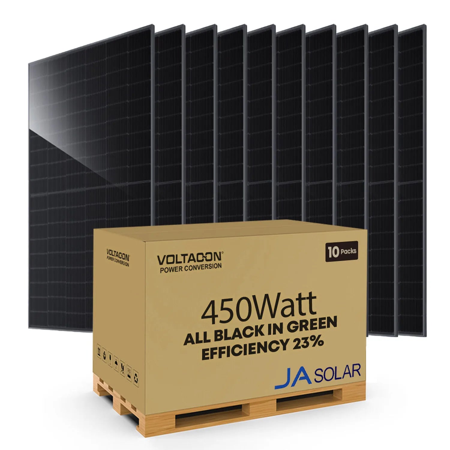 Voltacon 450-watt solar panel 10-pack on wooden pallet with product box showing 23% efficiency rating and JA Solar branding.
