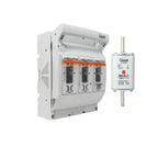 Gowe three-pole industrial disconnect switch with 200A fuse and mounting hardware displayed against white background.