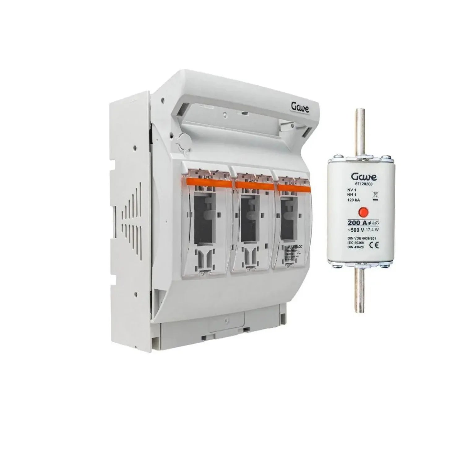 Gowe three-pole industrial disconnect switch with 200A fuse and mounting hardware displayed against white background.