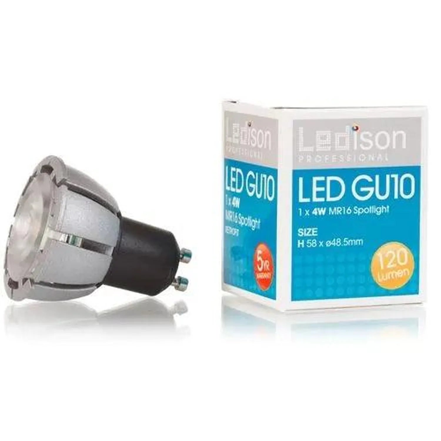 Ledison LED GU10 spotlight with packaging showing 4W MR16 specifications and 120 lumens output.