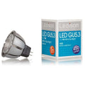 Ledison LED GU5.3 spotlight bulb next to its retail packaging box showing 7W power, 450 lumen output, and 5-year warranty.