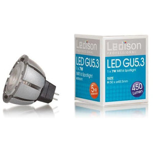 Ledison LED GU5.3 spotlight bulb next to its retail packaging box showing 7W power, 450 lumen output, and 5-year warranty.