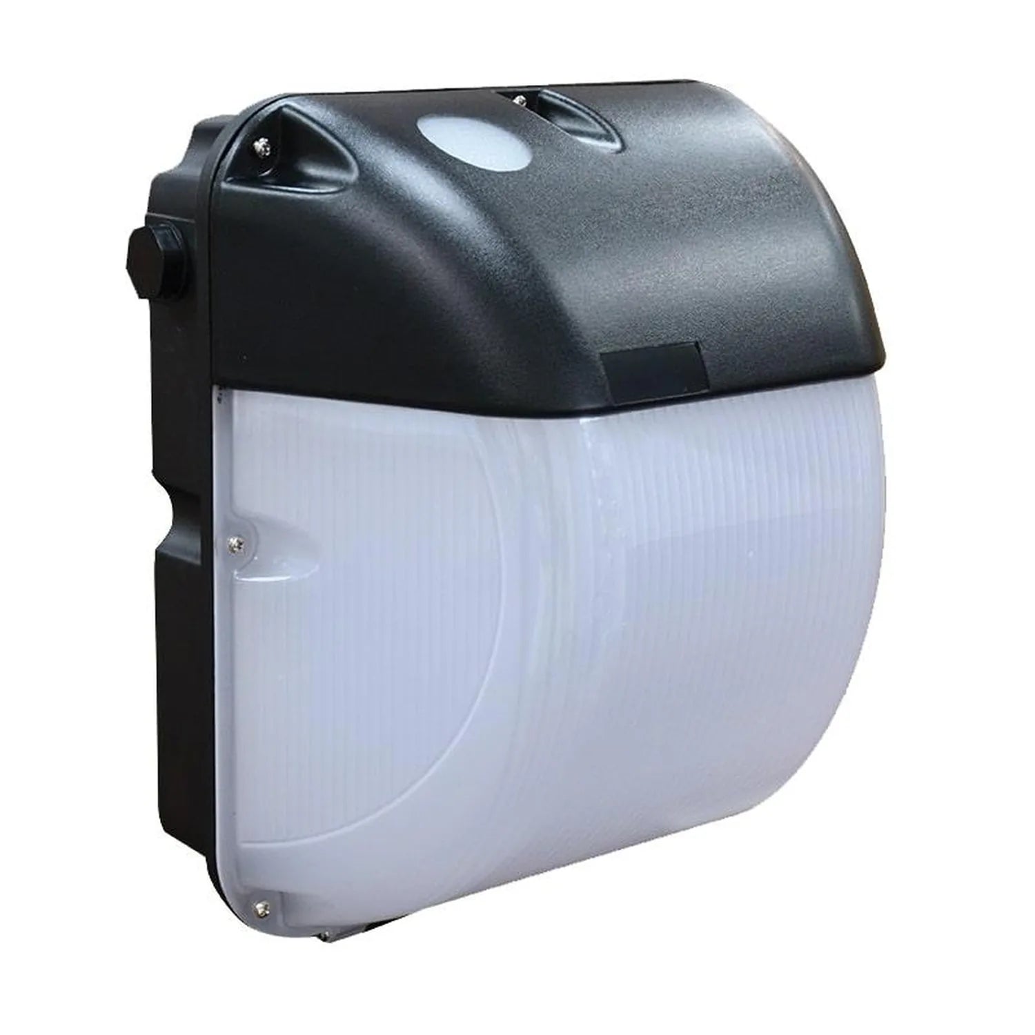 Black and white LED wall pack light fixture with rounded top housing and translucent diffuser panel, mounted installation vie
