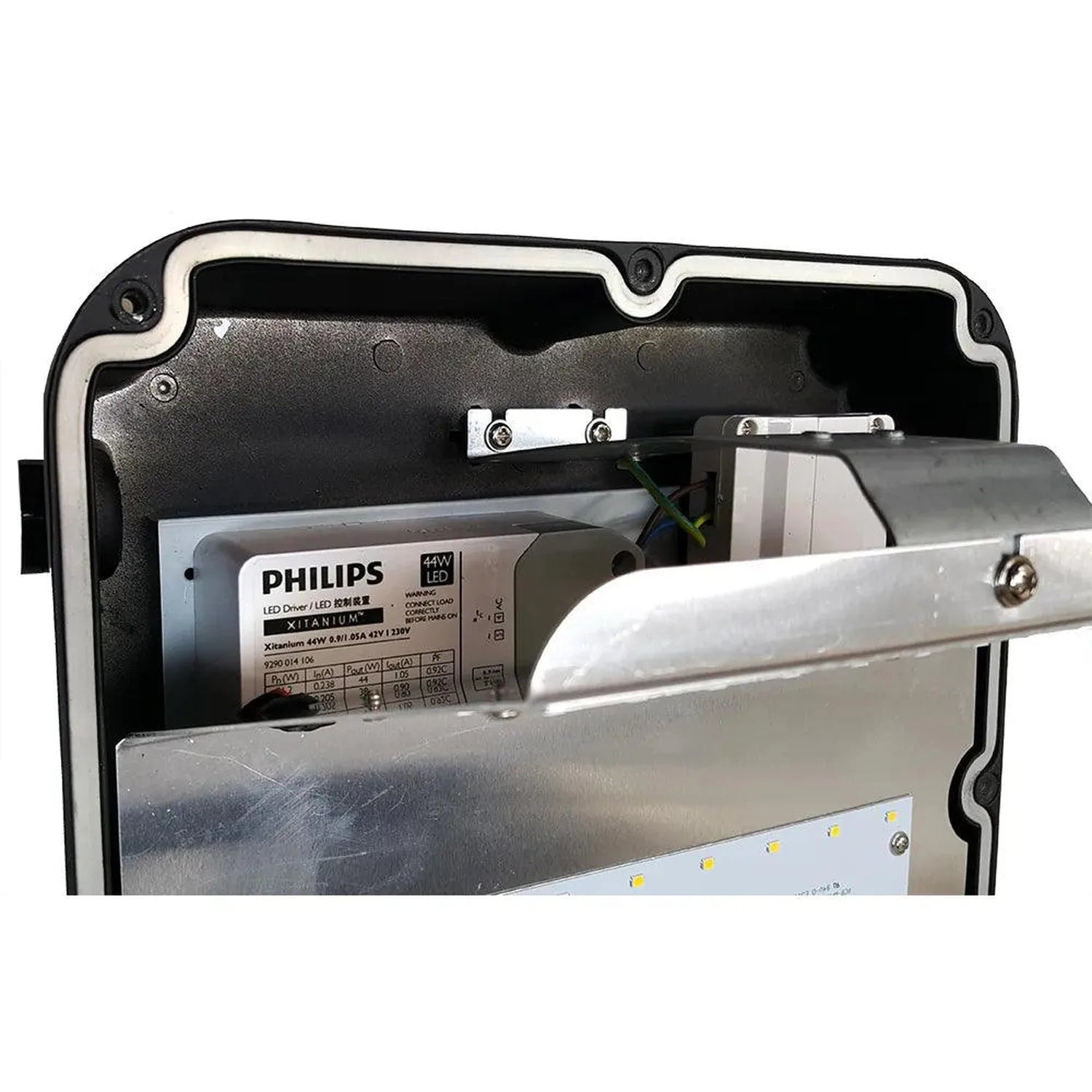 Interior view of LED wall pack fixture showing Philips 44W LED driver, aluminum housing, and mounted LED panel with visible c