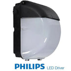Philips LED Driver wall pack light fixture with black housing and frosted polycarbonate lens, front view product shot.
