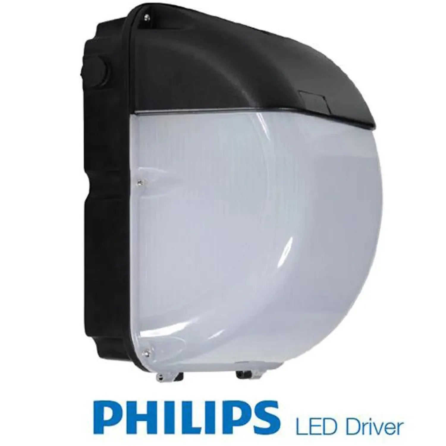 Philips LED Driver wall pack light fixture with black housing and frosted polycarbonate lens, front view product shot.