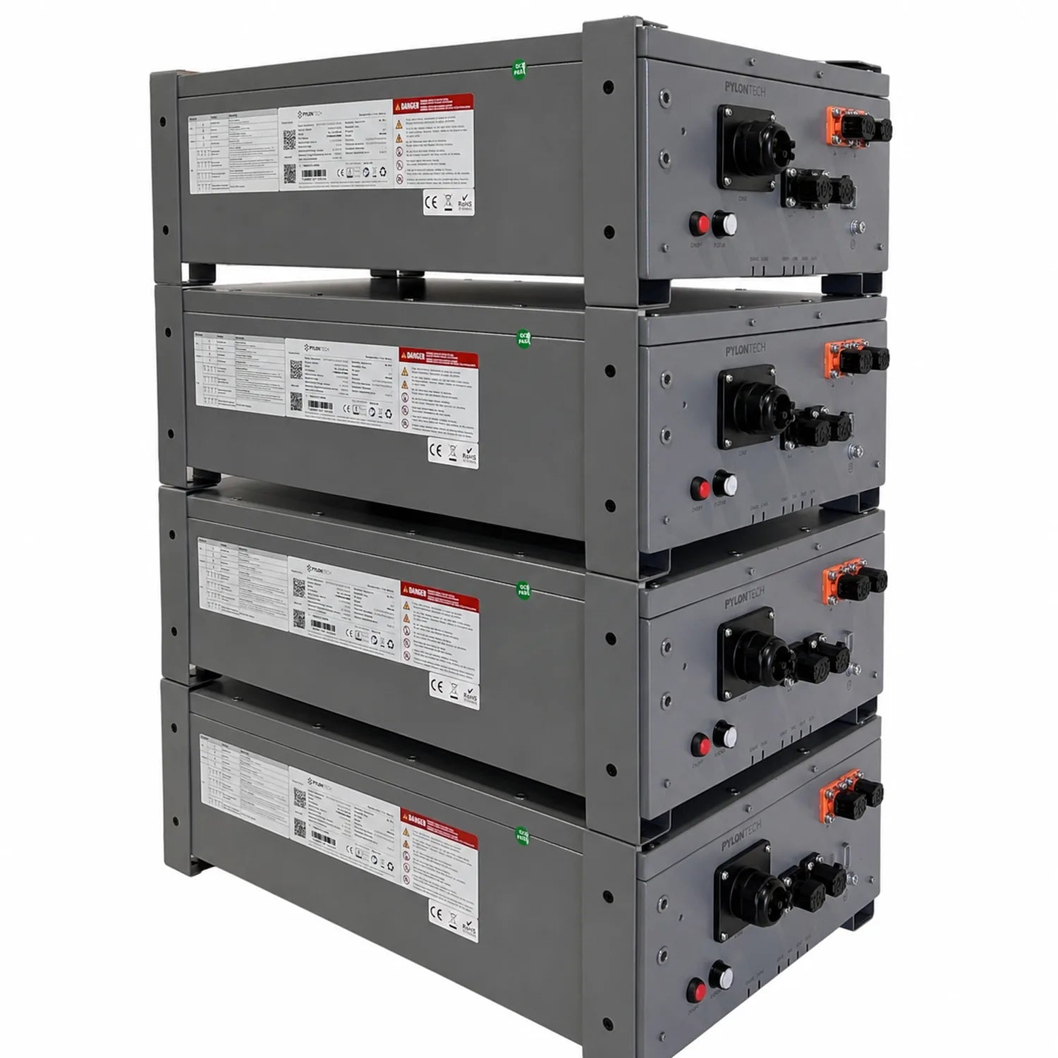 Four stacked gray battery modules with black connectors, orange switches, and red/white control buttons mounted on a steel fr