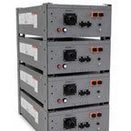 Five stacked gray Pylontech battery units with orange connectors, red start buttons, and white power switches arranged vertic